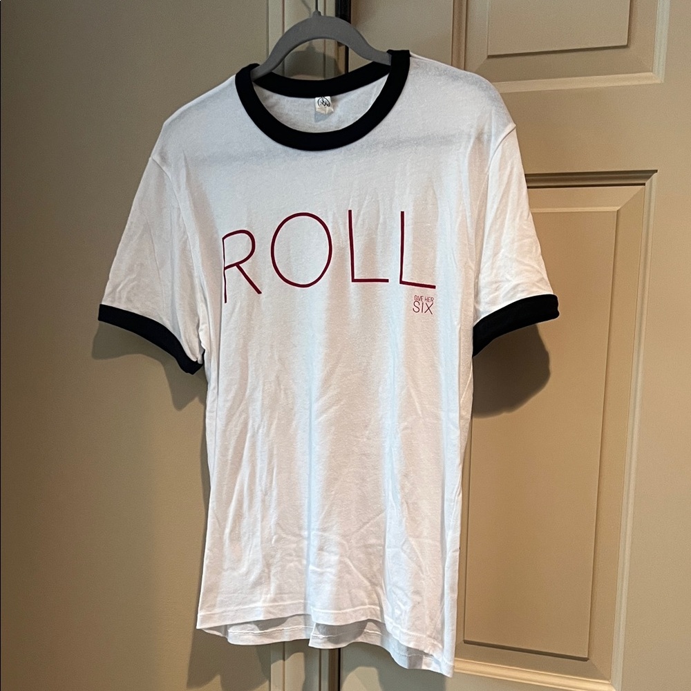 White “Roll” (Alabama) T-Shirt with Black Trim and Red Print